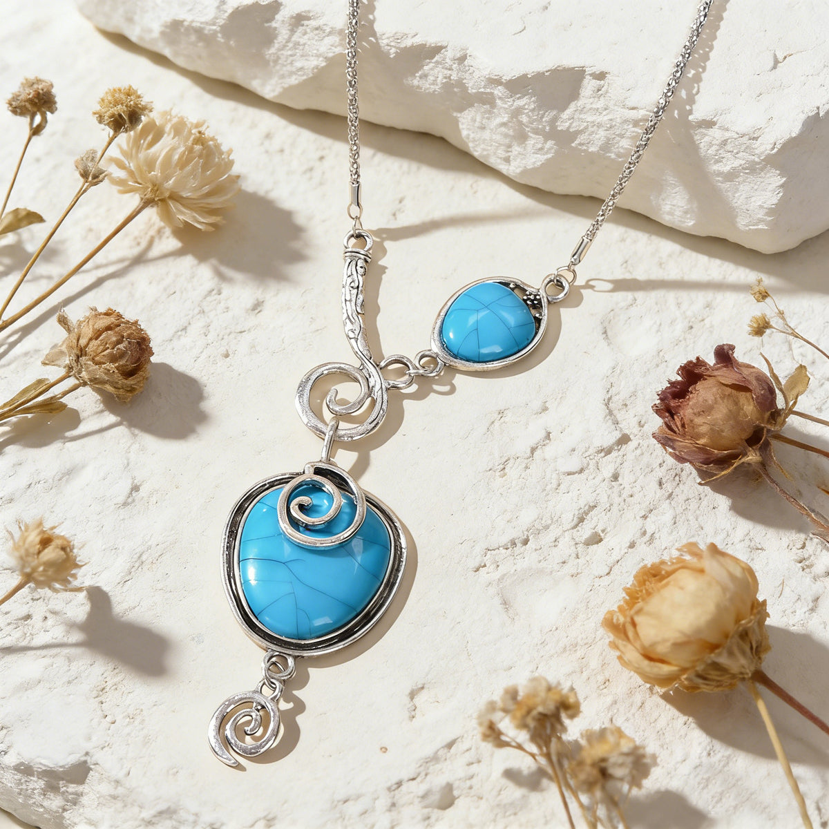 Turquoise Statement Pendant Necklace Antique Silver Jewelry-2