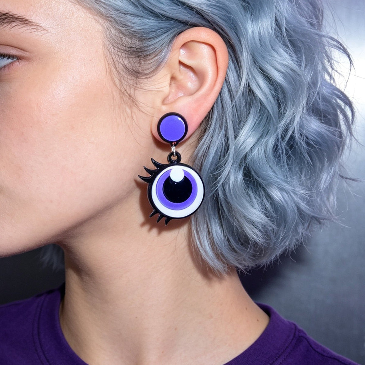 Fun Cartoon Purple Big Eye Acrylic Dangle Earrings Y2K Halloween Party Jewellery-1