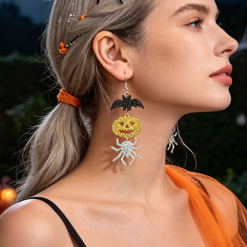 Halloween Glitter Bat Pumpkin Spider Drop Earrings Spooky Holiday Party Jewelry-1