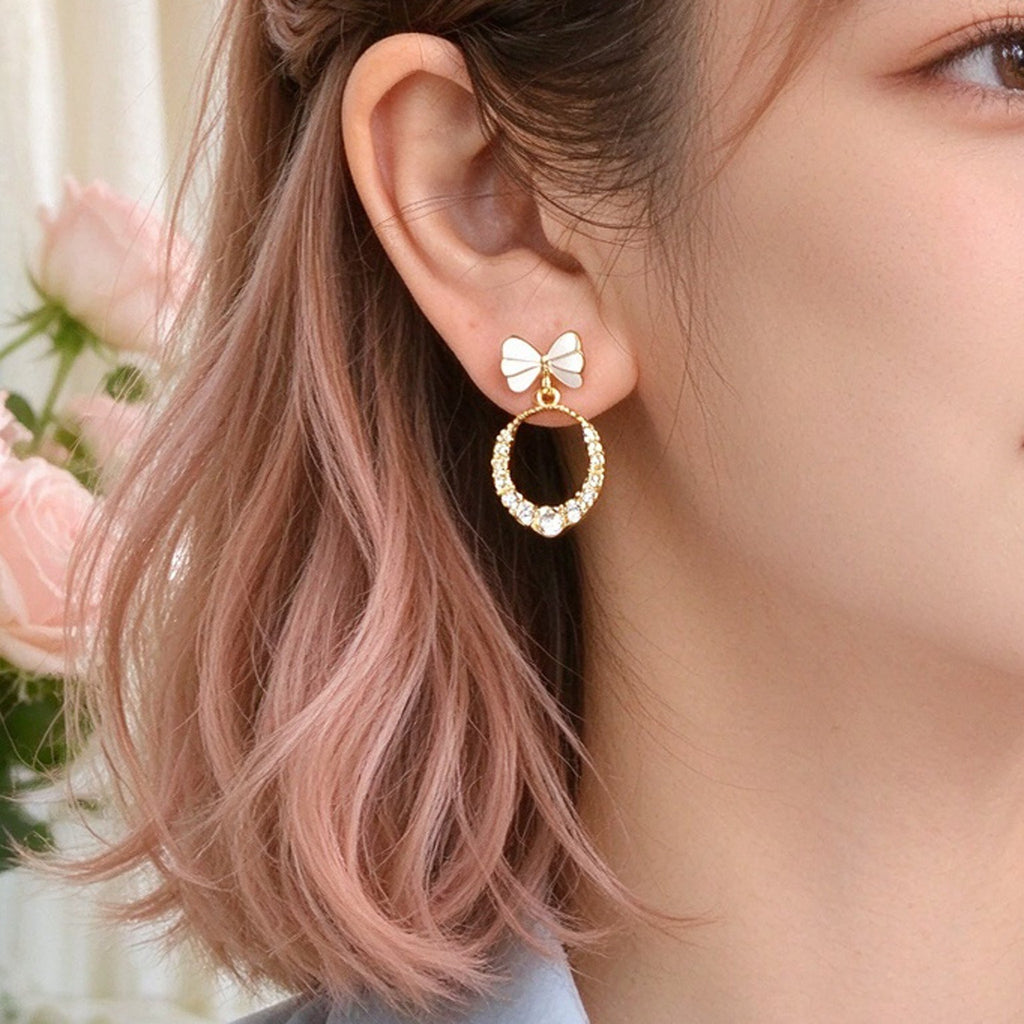 Sweet White Bow Sparkling Faux Crystal Circle Drop Earrings Elegant Jewelry Gift-1