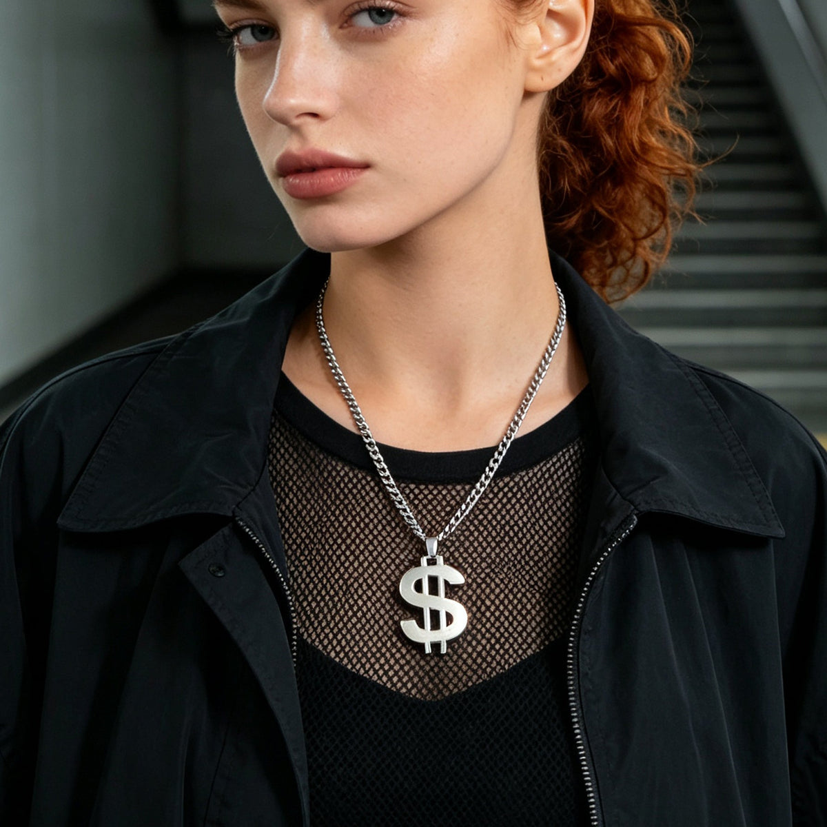 Street Style Silver Dollar Sign Pendant Cuban Chain Necklace Personality Jewelry-0
