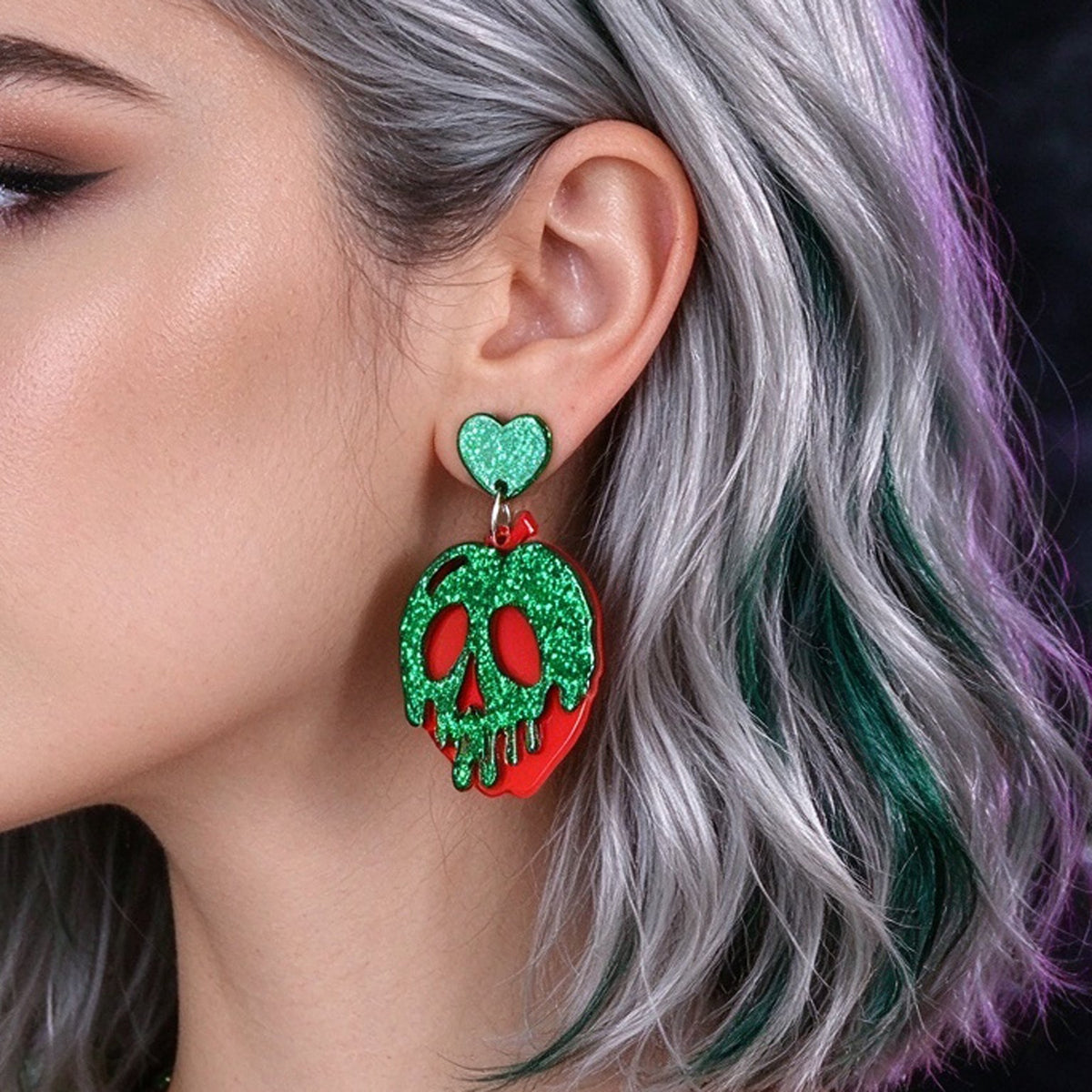 Halloween Gothic Red Green Glitter Skull Dangle Hook Earrings Cosplay Jewellery-2