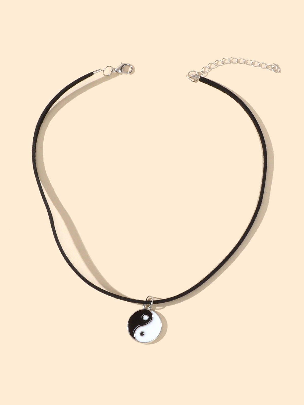 Black Cord Enamel Yin Yang Tai Chi Round Pendant Necklace PU Leather Rope Collar
