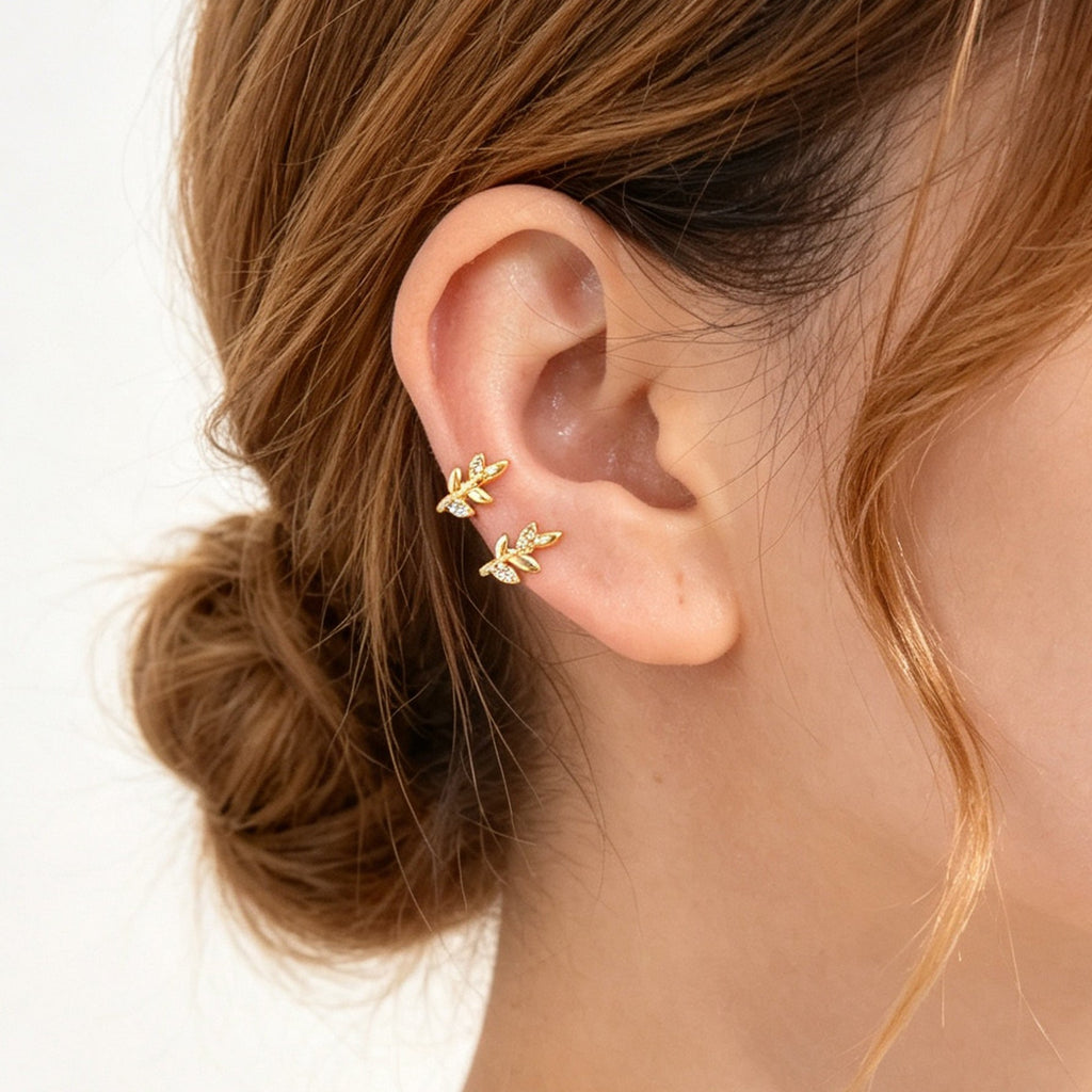 2pcs Gold Wheat Leaf Ear Cuff Women No Piercing Crystal Cartilage Clip Jewelry