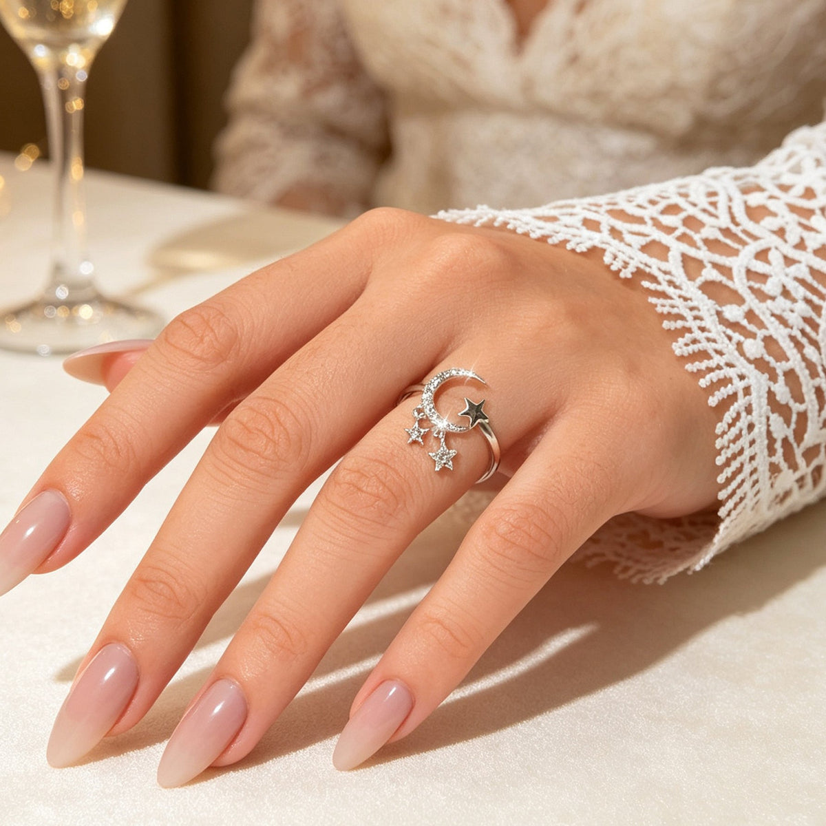 Glitter Rhinestone Silver Star Moon Finger Ring Engagement Wedding Jewelry Gift-0
