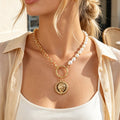 Retro Imitation Pearl Metal Mixed Chain Coin Pendant Necklace Exquisite Jewelry-0