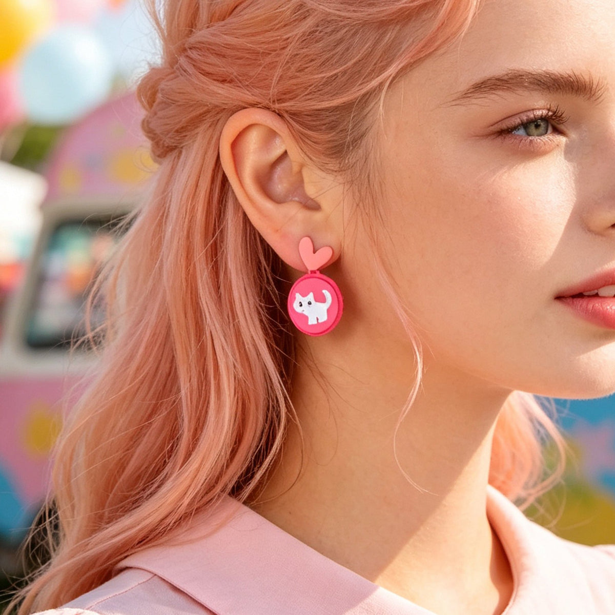 Cute Hotpink Heart Cartoon White Cat Drop Earrings Sweet Lovely Jewellery Gift-0