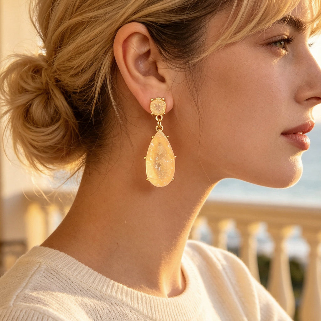 Banquet Party French style Champagne Faux Gemstones Water Drop Dangle Earrings-4