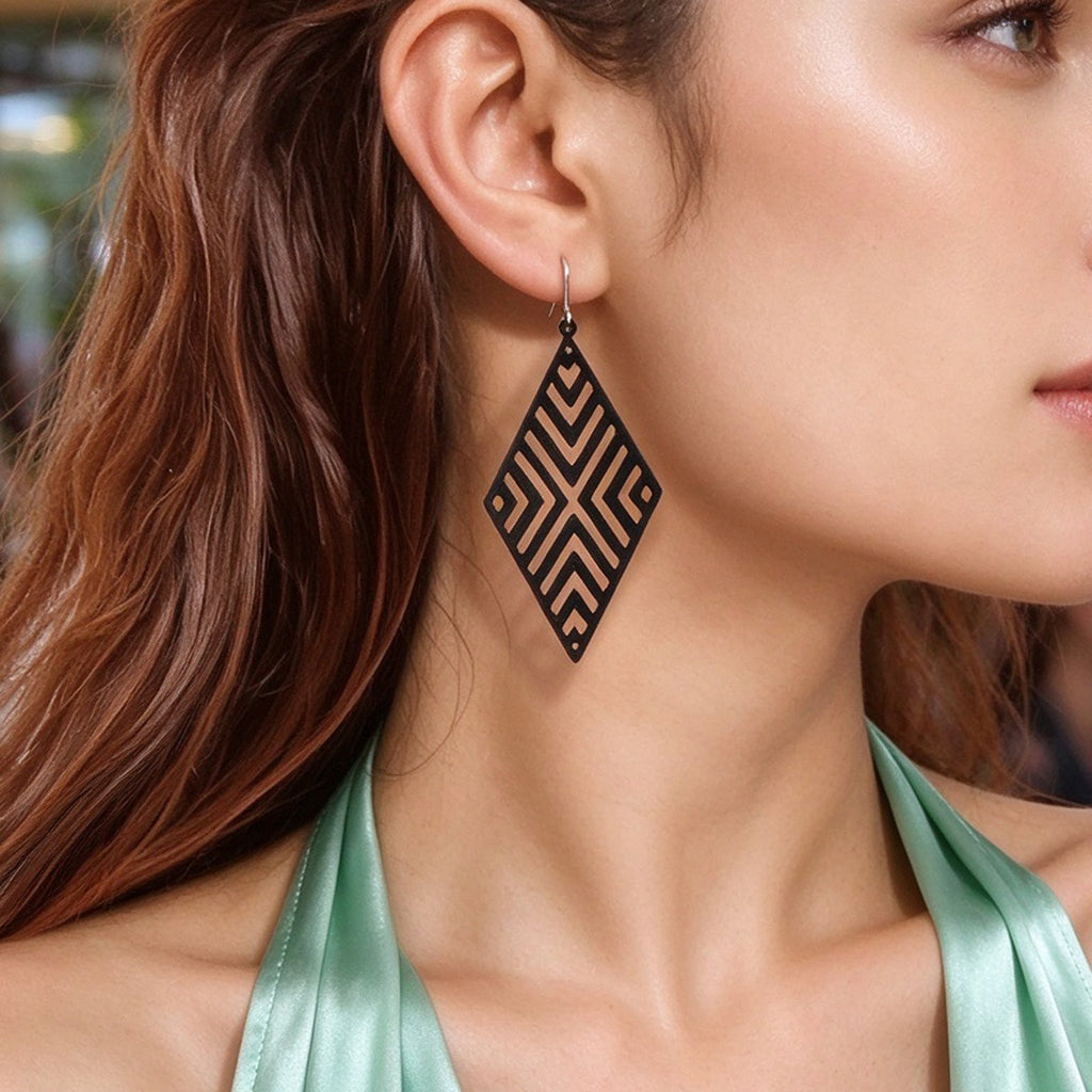 Rhombus Hollow Geometric Large Dangle Earring Black Silver Gold Vacation Jewelry-0