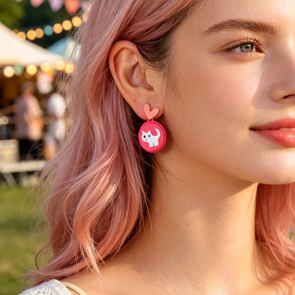 Cute Hotpink Heart Cartoon White Cat Drop Earrings Sweet Lovely Jewellery Gift-1
