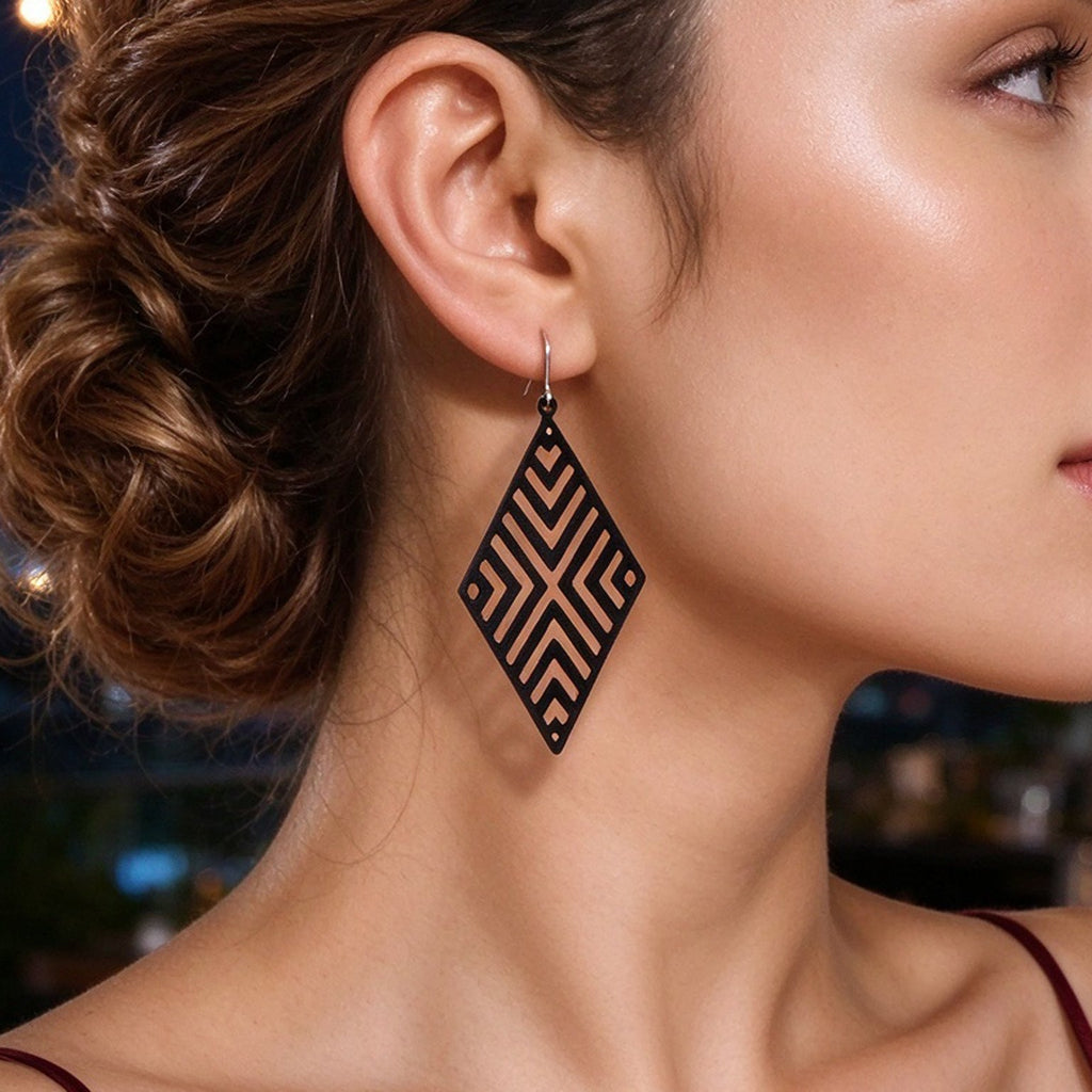 Rhombus Hollow Geometric Large Dangle Earring Black Silver Gold Vacation Jewelry-3