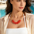 Chunky Red Resin Gold Metal Mixed Chain Collar Necklace Bold Beach Party Jewelry-0