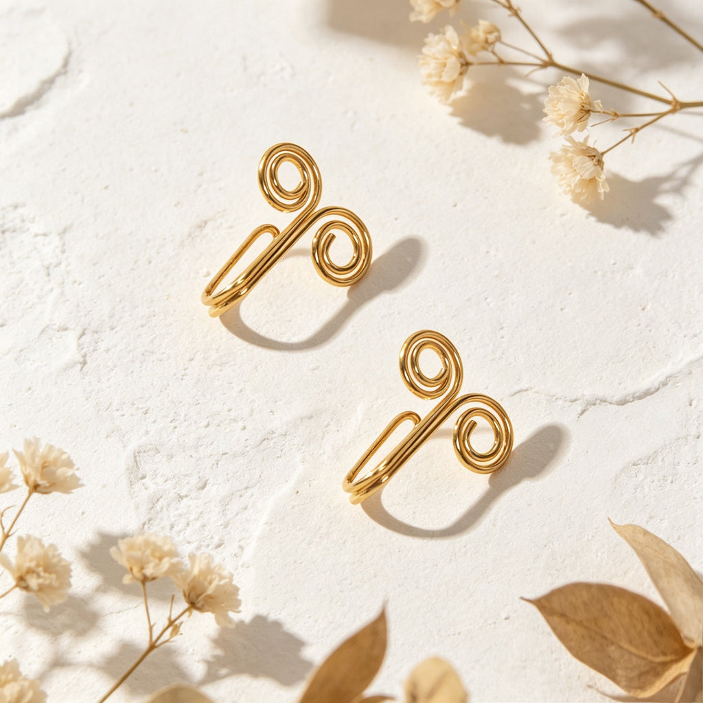 2pcs Simple Gold Double Spiral Ear Cuff No Piercing Circle Ring Ear Clip Earring-2