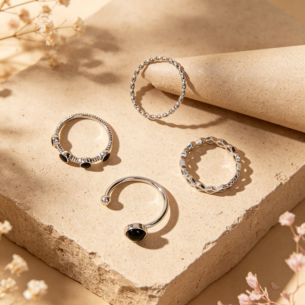 4pcs Geometric Element Silver Stackable Knuckle Midi Thread Finger Rings Set-1