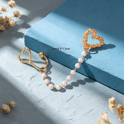 1pc Designer Jewelry Ear Cuff Pearl Gold Chain Heart Love Stud Cartilage Earring-1