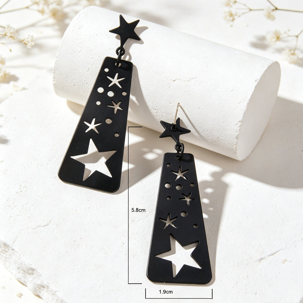 Creative Jewelry Party Black Hollow Star Trapezoid Geometric Long Dangle Earring-1