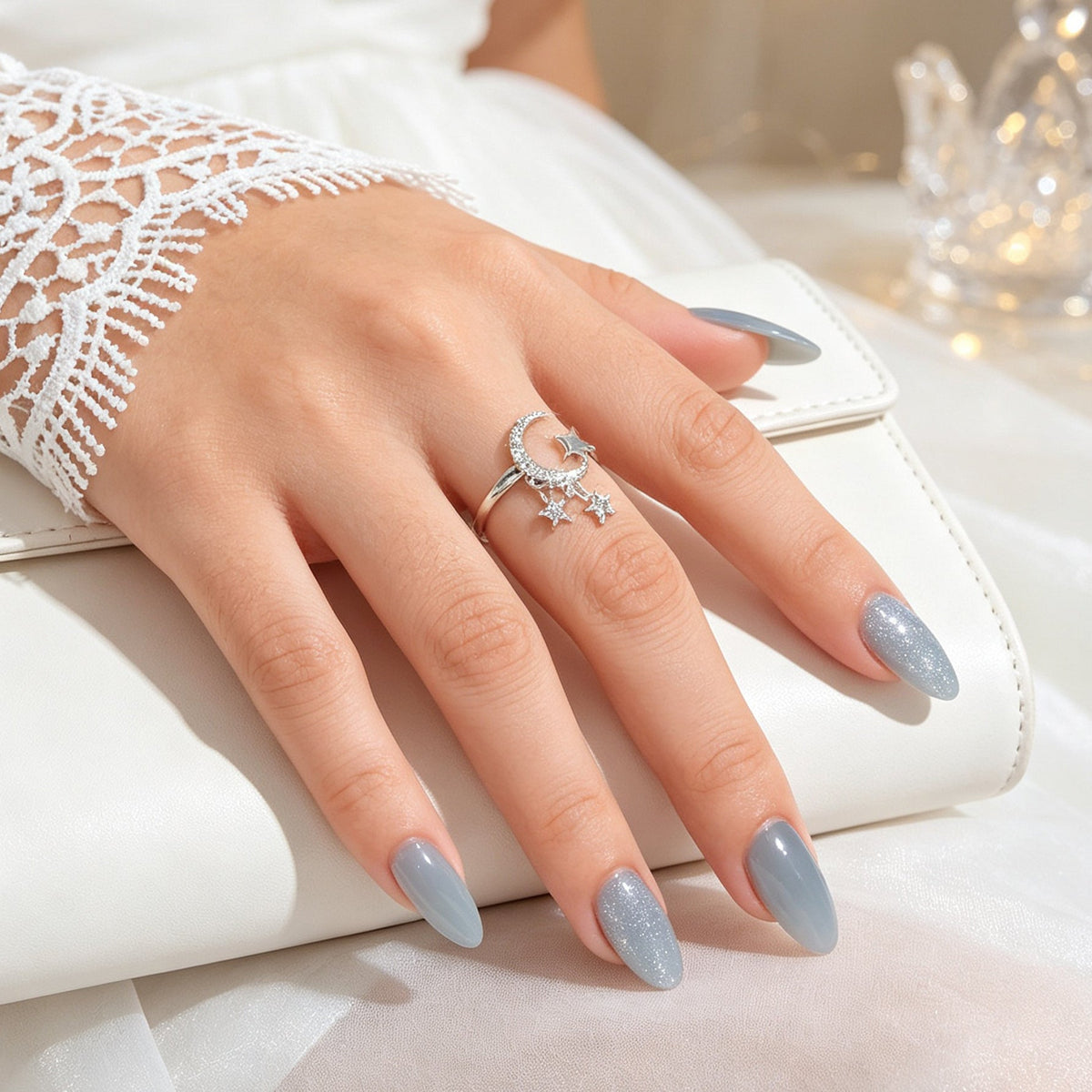 Glitter Rhinestone Silver Star Moon Finger Ring Engagement Wedding Jewelry Gift-1