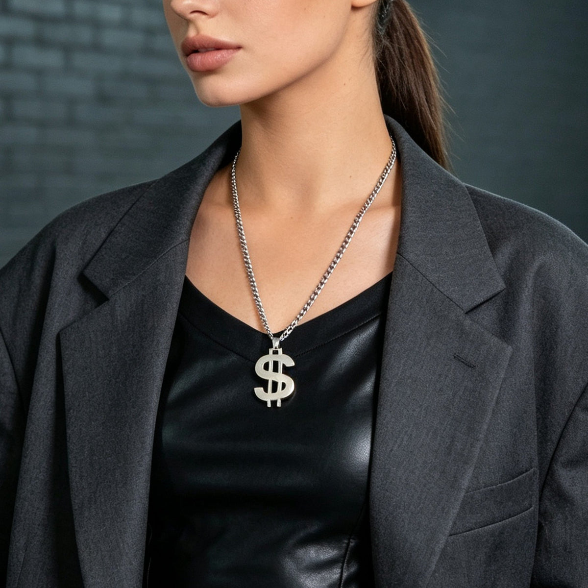 Street Style Silver Dollar Sign Pendant Cuban Chain Necklace Personality Jewelry-1