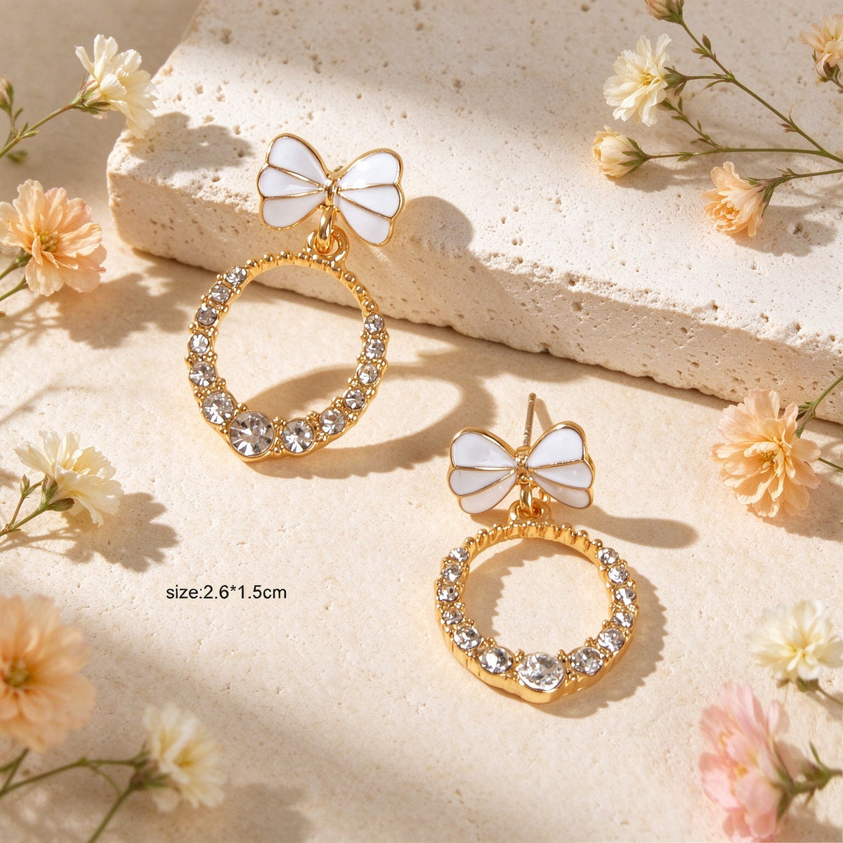 Sweet White Bow Sparkling Faux Crystal Circle Drop Earrings Elegant Jewelry Gift-2