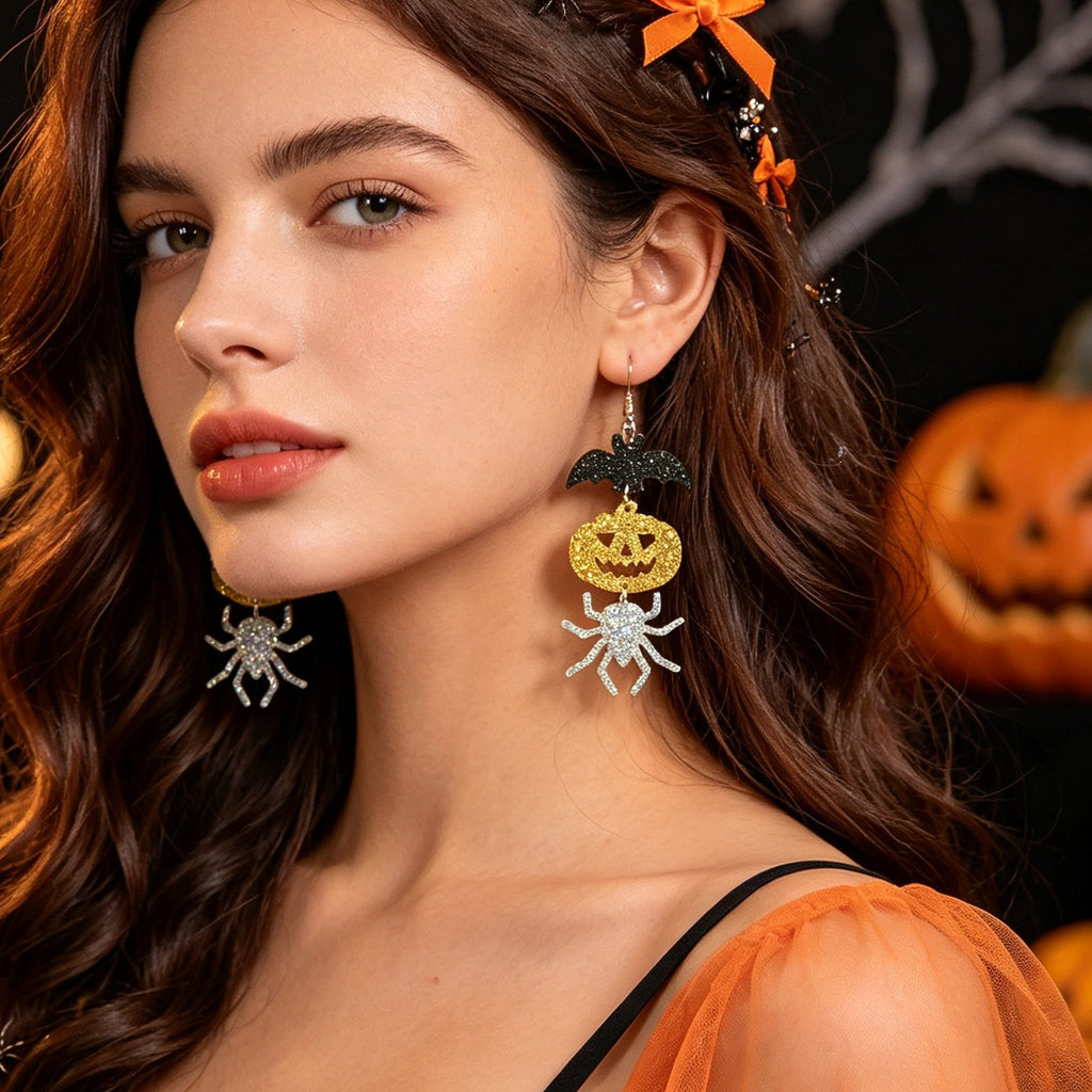 Halloween Glitter Bat Pumpkin Spider Drop Earrings Spooky Holiday Party Jewelry-0
