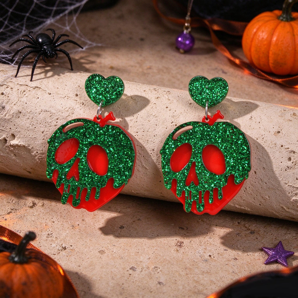 Halloween Gothic Red Green Glitter Skull Dangle Hook Earrings Cosplay Jewellery-3