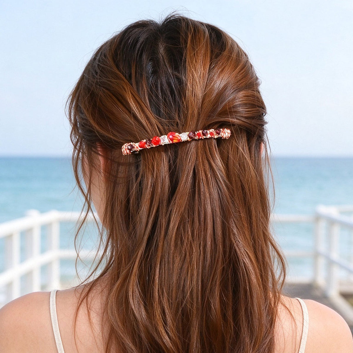 Retro Multicolour Resin Beads Long Hair Clip Beach Vacation Party Hair Accessory-4