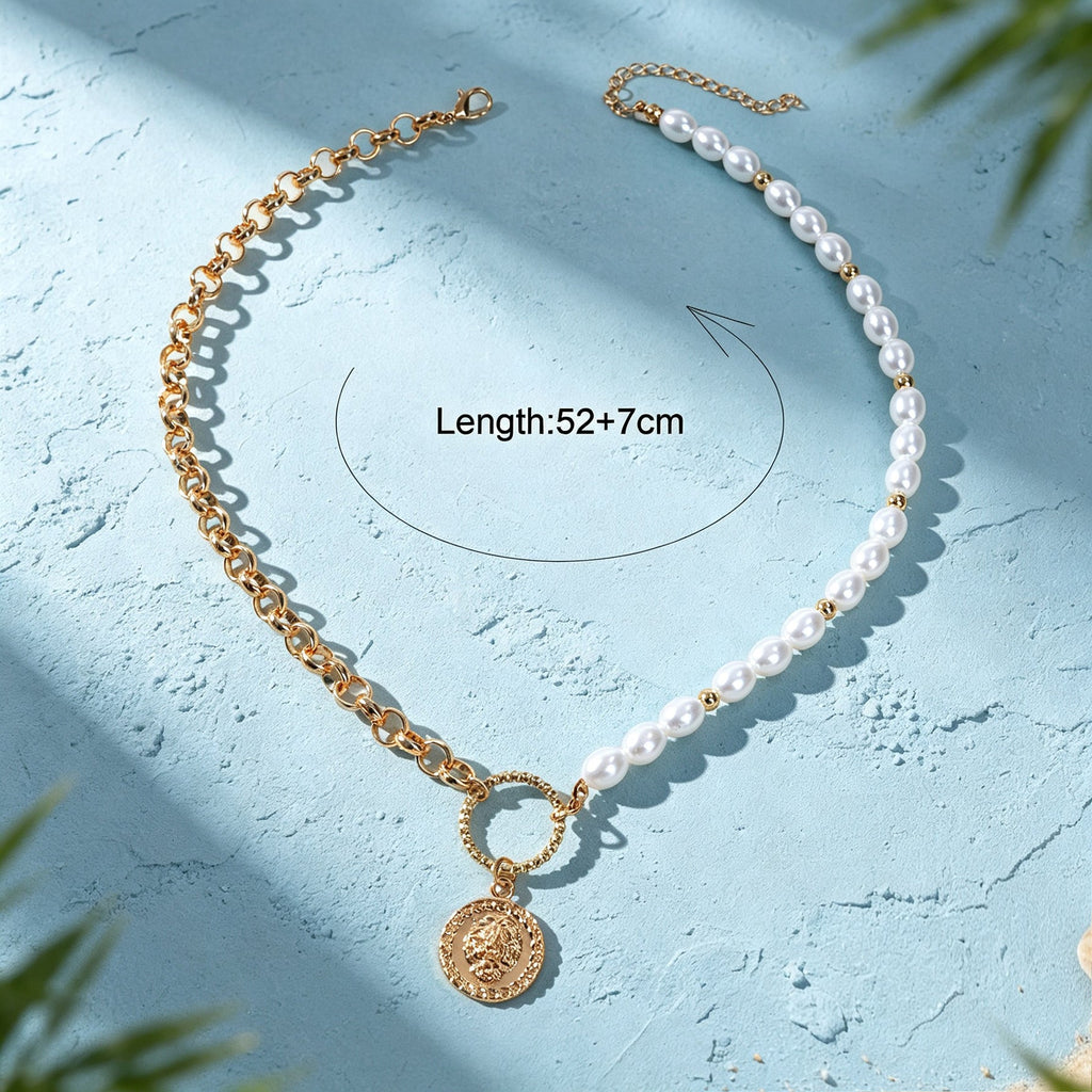 Retro Imitation Pearl Metal Mixed Chain Coin Pendant Necklace Exquisite Jewelry-2
