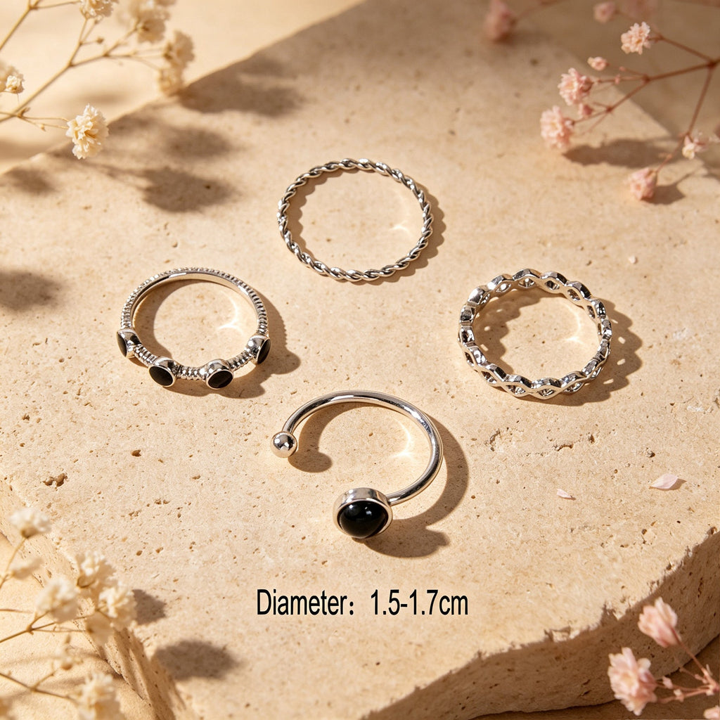 4pcs Geometric Element Silver Stackable Knuckle Midi Thread Finger Rings Set-2