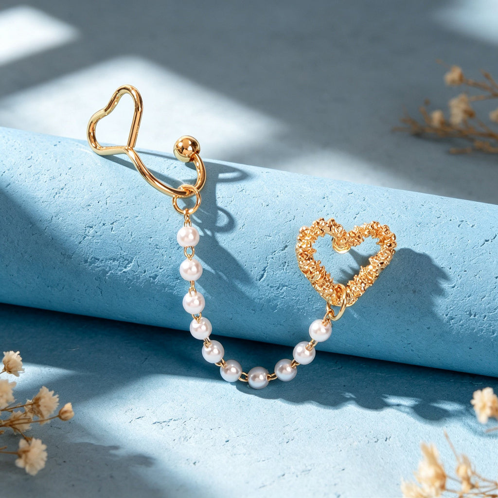 1pc Designer Jewelry Ear Cuff Pearl Gold Chain Heart Love Stud Cartilage Earring-2