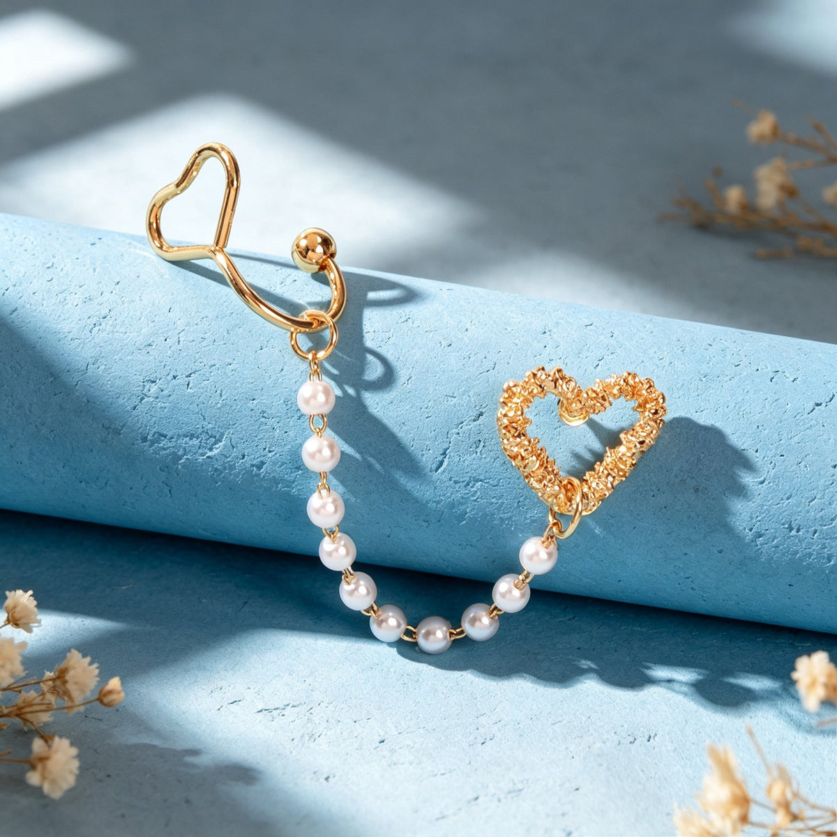 1pc Designer Jewelry Ear Cuff Pearl Gold Chain Heart Love Stud Cartilage Earring-2