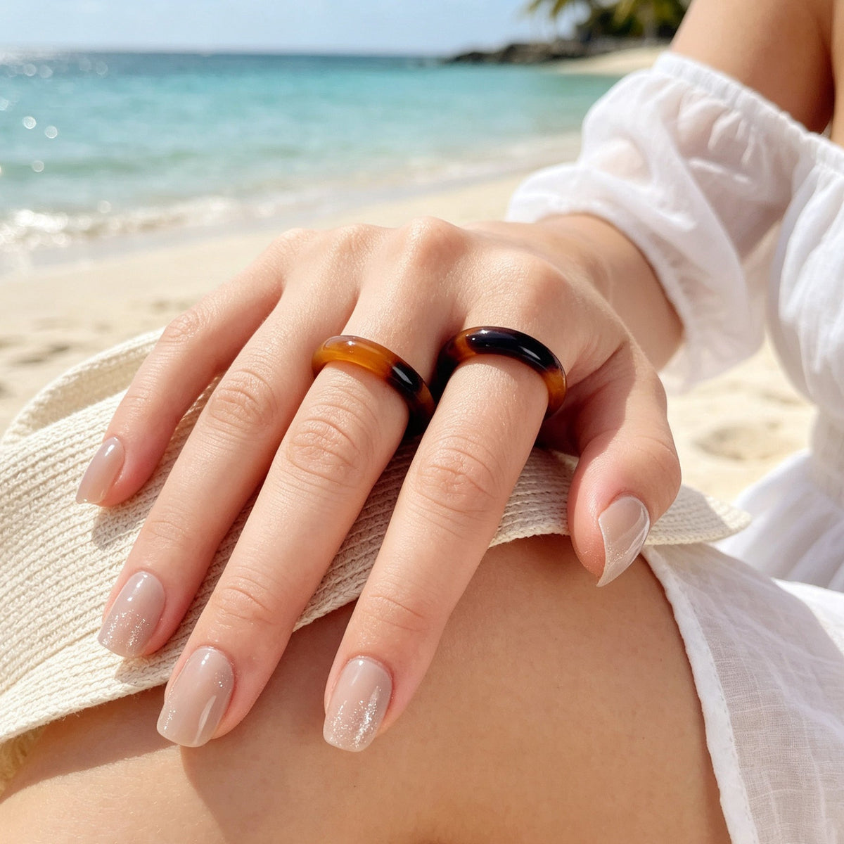 2pcs Vintage Stackable Resin Finger Rings Set Boho Summer Beach Vacation Jewelry-1