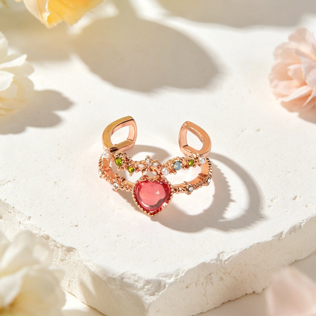 Luxuriant Colorful Rhinestone Imitation Pearl Heart Rose Gold Open Finger Ring-2