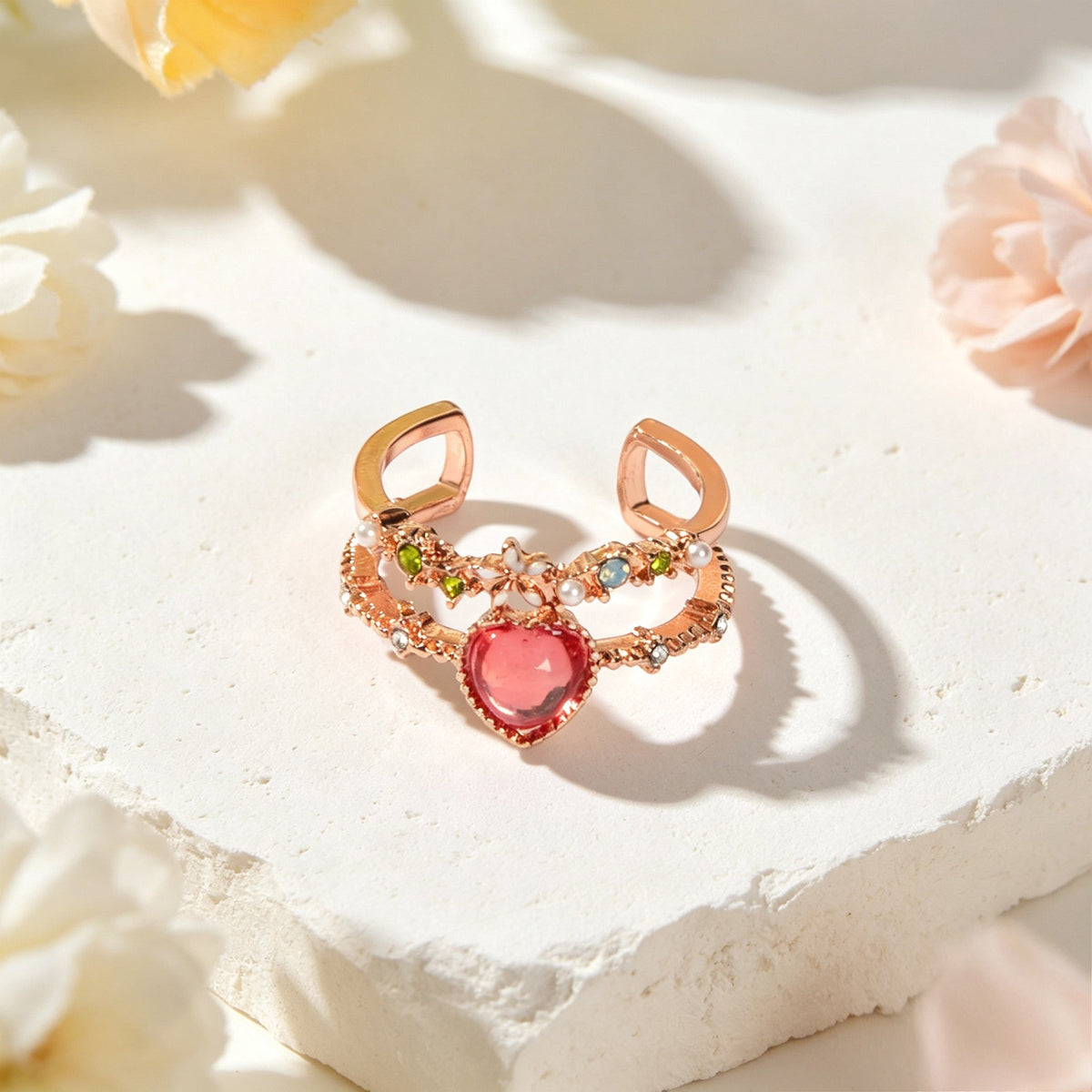 Luxuriant Colorful Rhinestone Imitation Pearl Heart Rose Gold Open Finger Ring-2