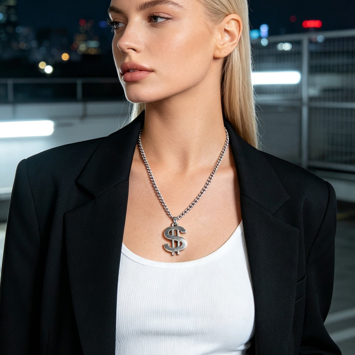 Street Style Silver Dollar Sign Pendant Cuban Chain Necklace Personality Jewelry-2