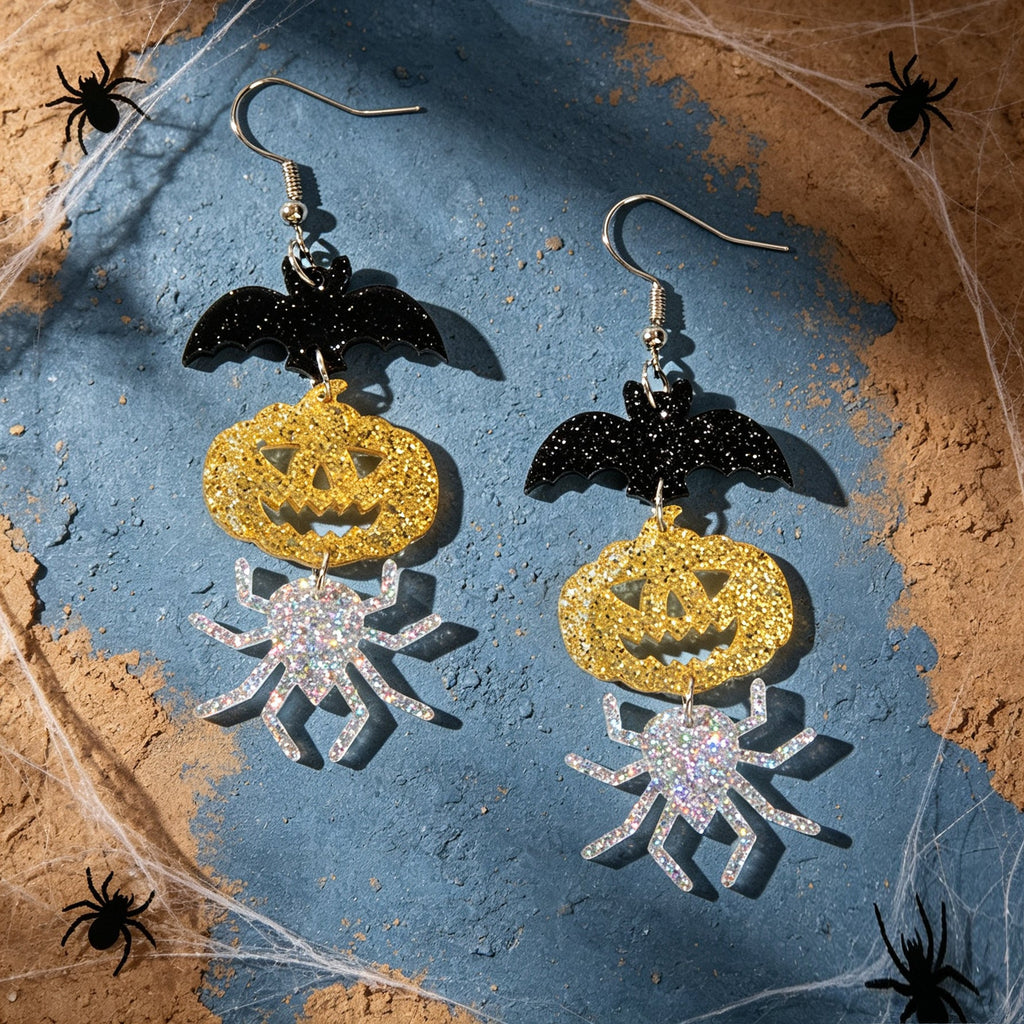 Halloween Glitter Bat Pumpkin Spider Drop Earrings Spooky Holiday Party Jewelry-2