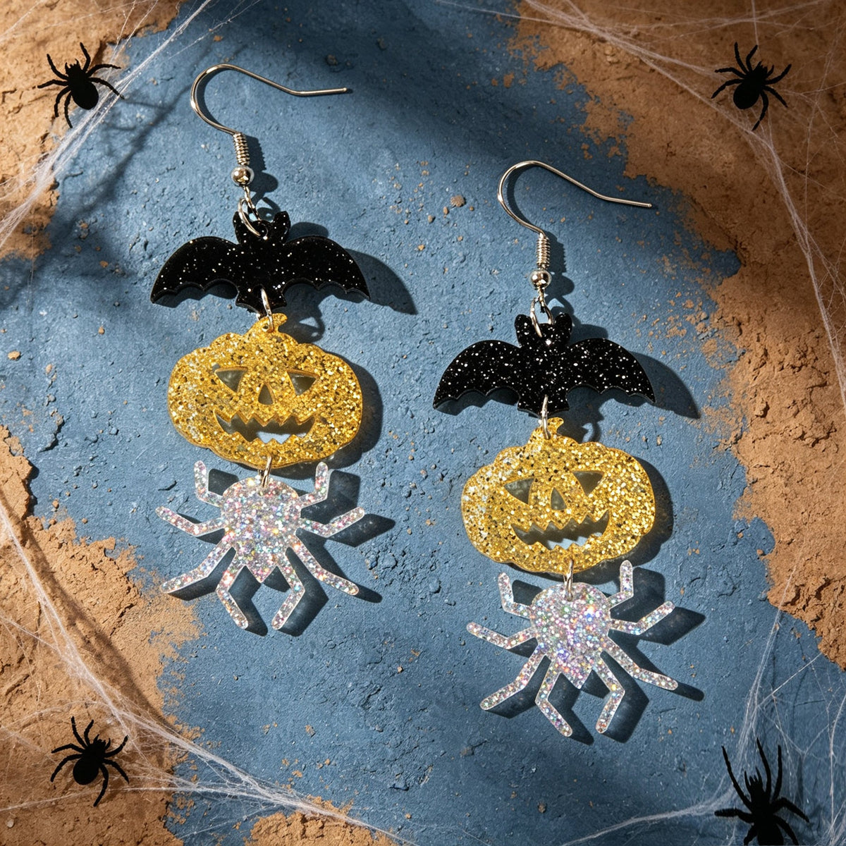 Halloween Glitter Bat Pumpkin Spider Drop Earrings Spooky Holiday Party Jewelry-2