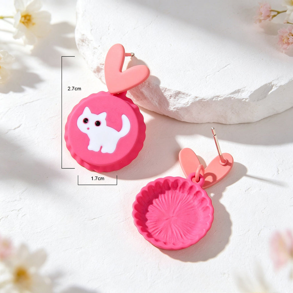 Cute Hotpink Heart Cartoon White Cat Drop Earrings Sweet Lovely Jewellery Gift-2