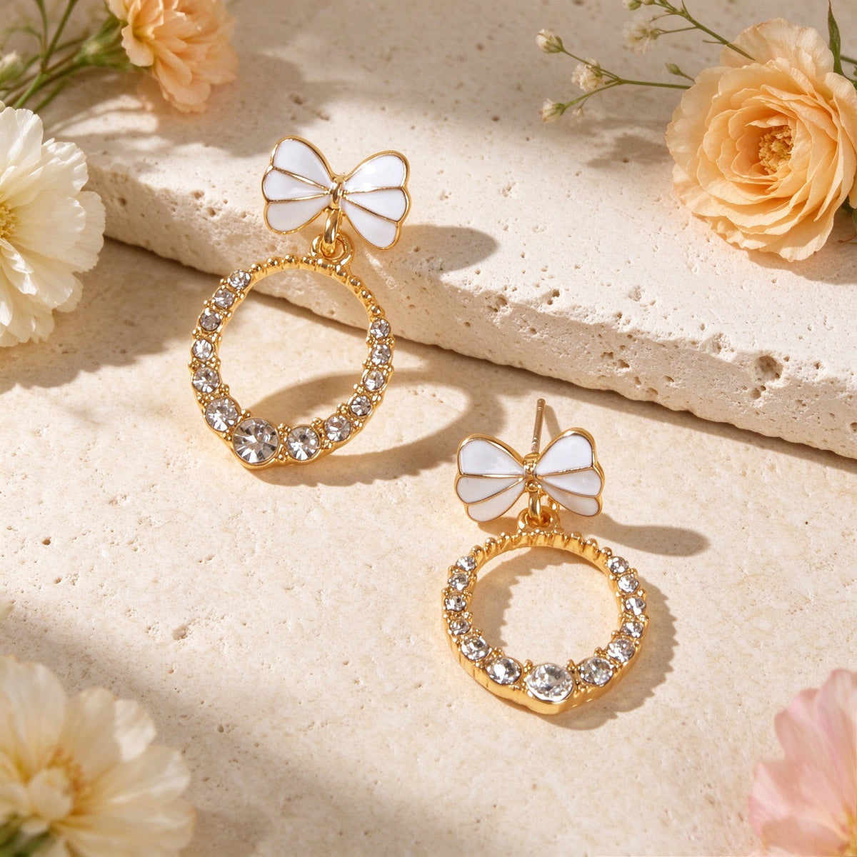 Sweet White Bow Sparkling Faux Crystal Circle Drop Earrings Elegant Jewelry Gift-3