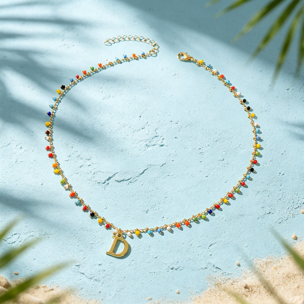 Colorful Beaded Initial Letter D Necklace Bohemian Beach Vacation Jewellery Gift-3
