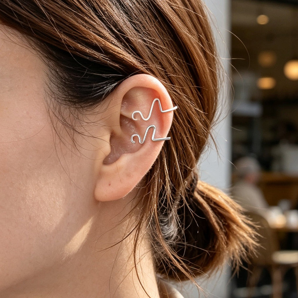 2pcs Silver Alloy Ear Cuff No Piercing Earrings Unique EKG Wave Cartilage Clip-3
