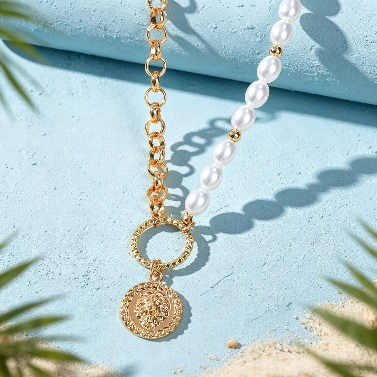 Retro Imitation Pearl Metal Mixed Chain Coin Pendant Necklace Exquisite Jewelry-3