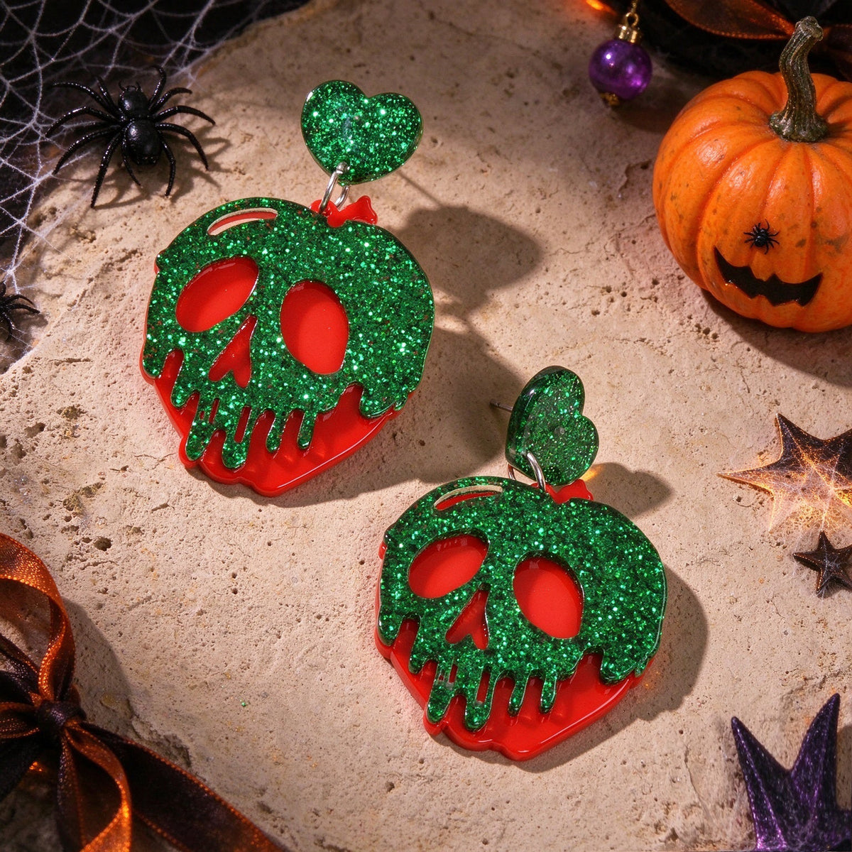 Halloween Gothic Red Green Glitter Skull Dangle Hook Earrings Cosplay Jewellery-4