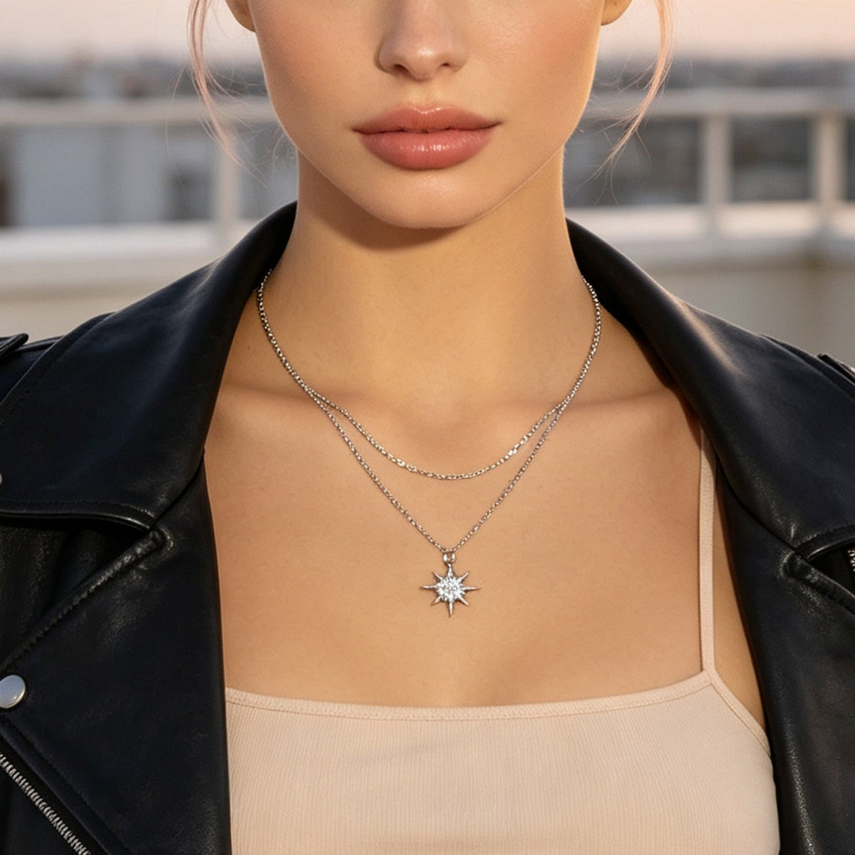 Silver Multi‑Chain Crystal Star Pendant Necklace Fashion Layered Jewellery Gift-0