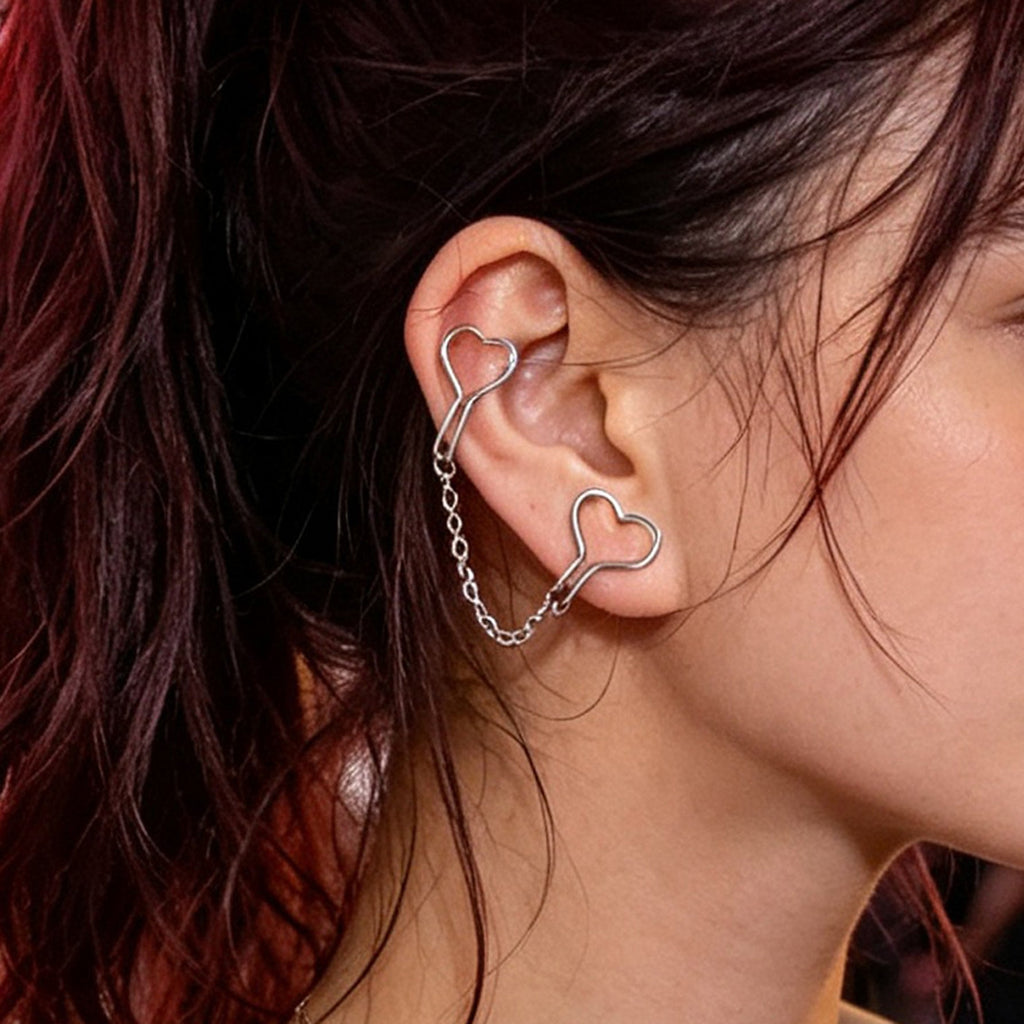 2pcs Gold Silver Heart Chain Ear Cuff No Piercing Punk Street Cartilage Clips-3