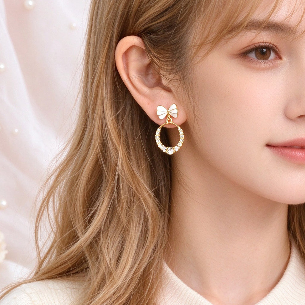 Sweet White Bow Sparkling Faux Crystal Circle Drop Earrings Elegant Jewelry Gift-4