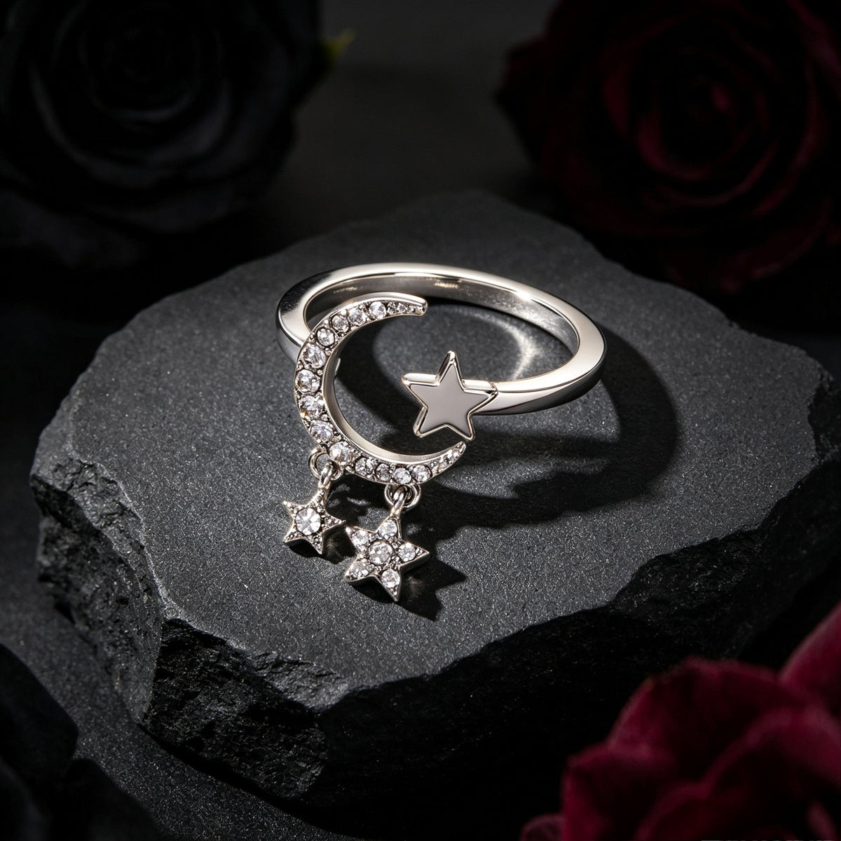 Glitter Rhinestone Silver Star Moon Finger Ring Engagement Wedding Jewelry Gift-3