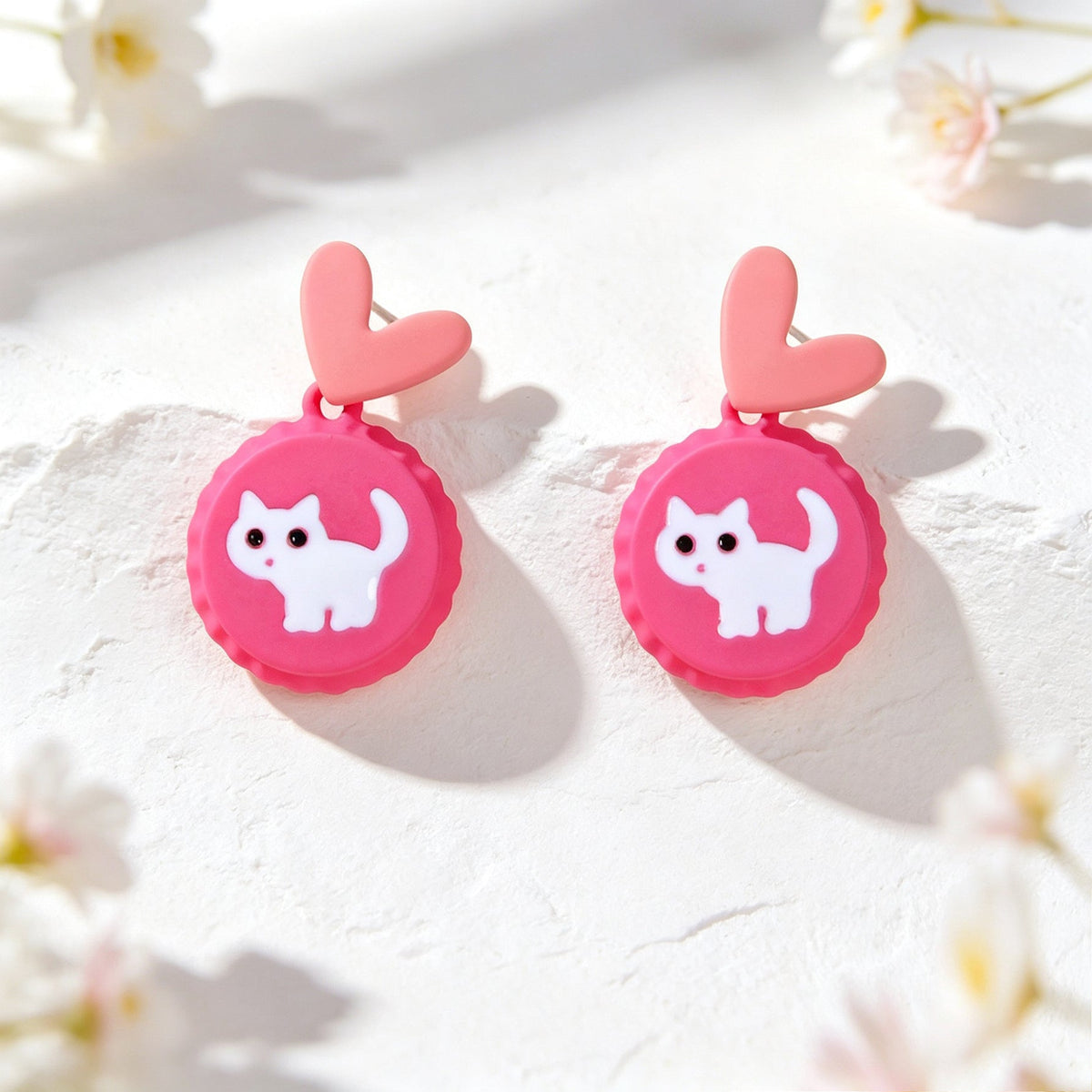 Cute Hotpink Heart Cartoon White Cat Drop Earrings Sweet Lovely Jewellery Gift-3