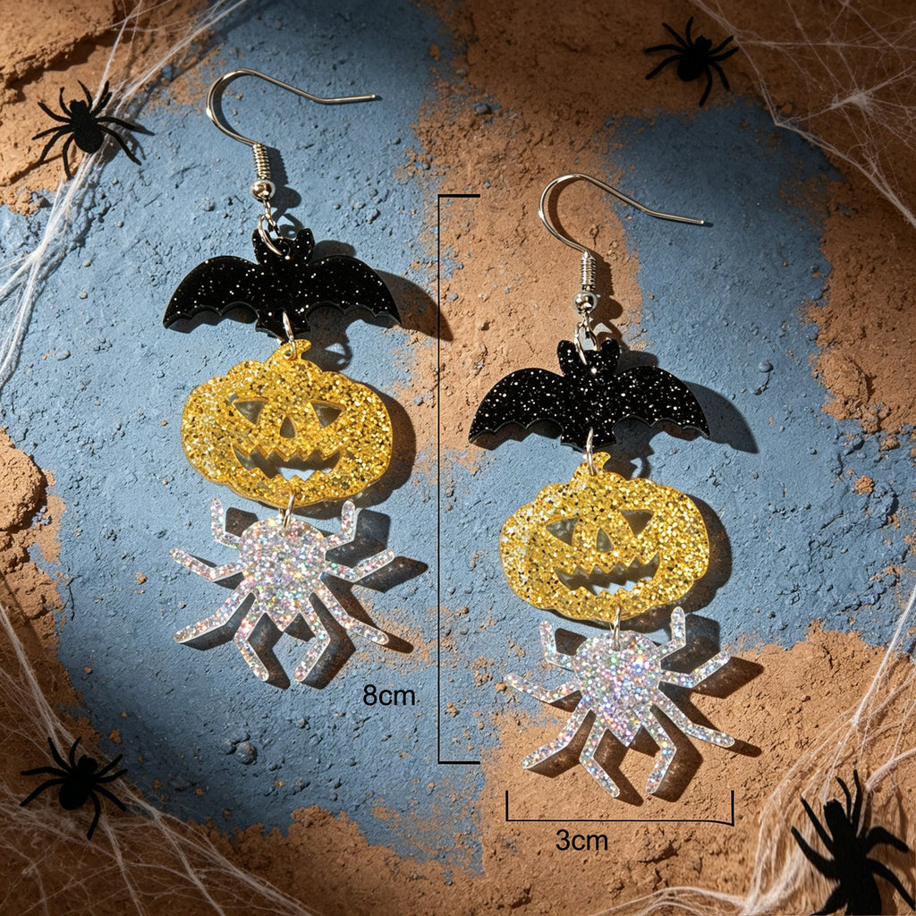Halloween Glitter Bat Pumpkin Spider Drop Earrings Spooky Holiday Party Jewelry-3