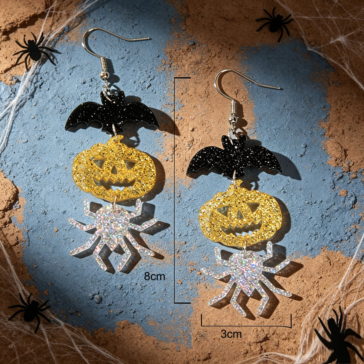Halloween Glitter Bat Pumpkin Spider Drop Earrings Spooky Holiday Party Jewelry-3