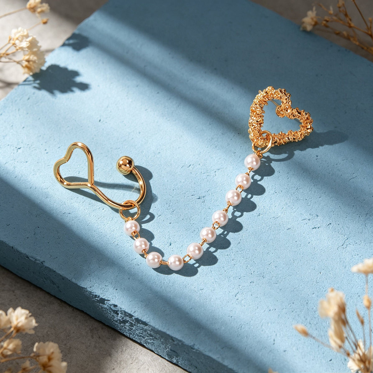 1pc Designer Jewelry Ear Cuff Pearl Gold Chain Heart Love Stud Cartilage Earring-3